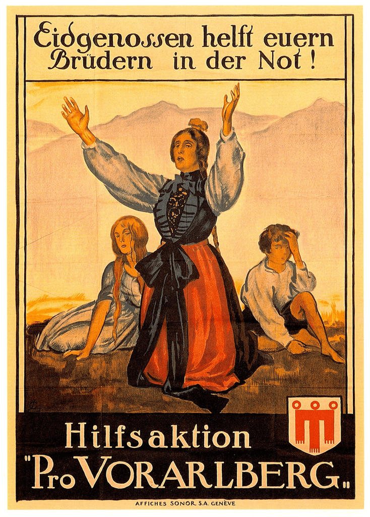 Pro Vorarlberg ruft mit diesem Plakat zur Lieferung von Hilfsgütern für die Bevölkerung Vorarlbergs auf. Die Schweizer Initiative setzt sich nach dem Ersten Weltkrieg für einen Anschluss von Vorarlberg an die Schweiz ein.