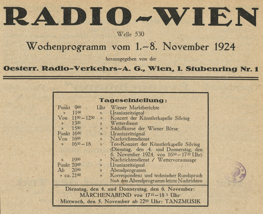 Programmzeitschrift des ersten offiziellen Radiosenders Österreichs, Wochenprogramm vom 1.-8. November 1924