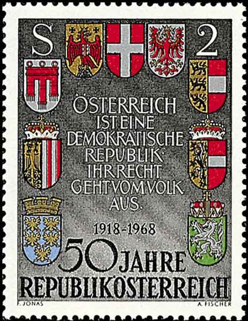 Briefmarke mit Wortlaut des Artikels 1 der österreichischen Bundesverfassung: „Österreich ist eine demokratische Republik. Ihr Recht geht vom Volk aus.“