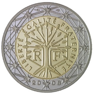 Die Rückseite der französischen 2-Euro-Münze mit einem Baum, der Leben, Beständigkeit und Wachstum symbolisiert. Er ist eingerahmt von der republikanischen Devise „liberté, égalité, fraternité“